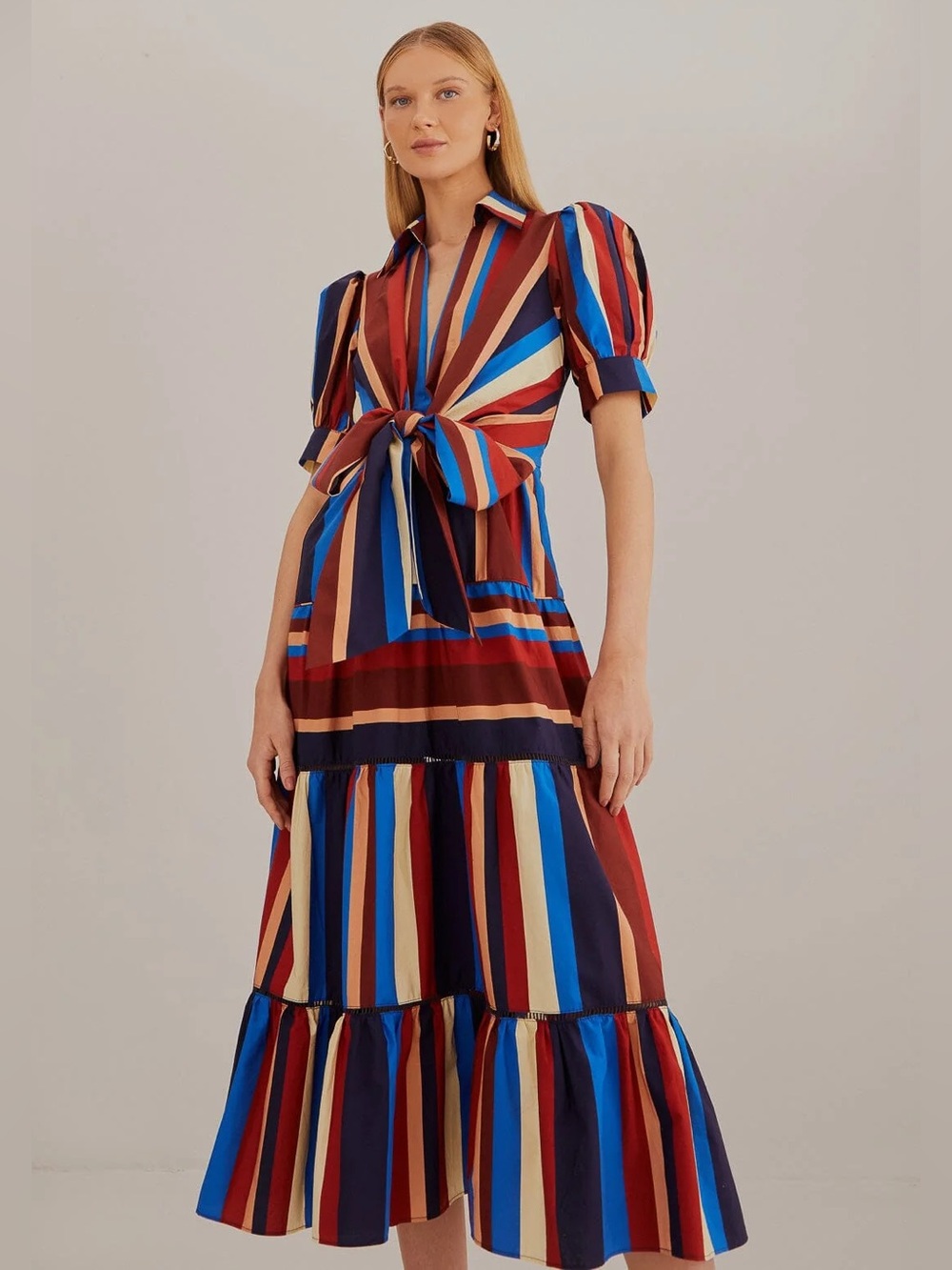 Farm Rio Multicolor Winter Stripes Short Sleeve Midi Dress